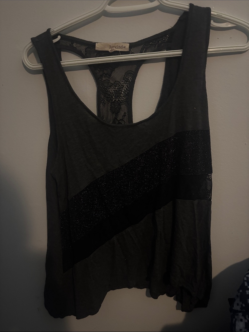 Rewind Charcoal & Black Lace Racerback Tank with Sparkle Stripe Size large